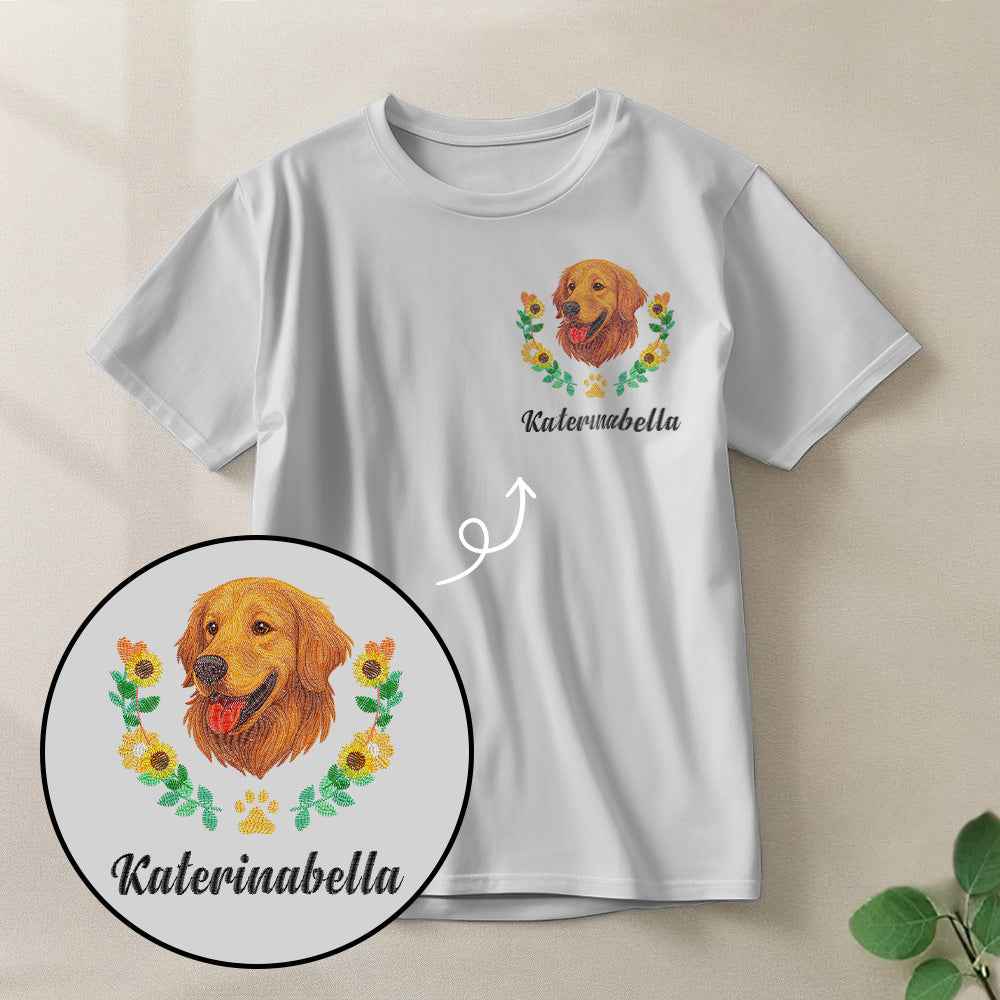 Custom Embroidered-Style Pet T-shirt – Personalized T-shirt with Pet Name & Wreath