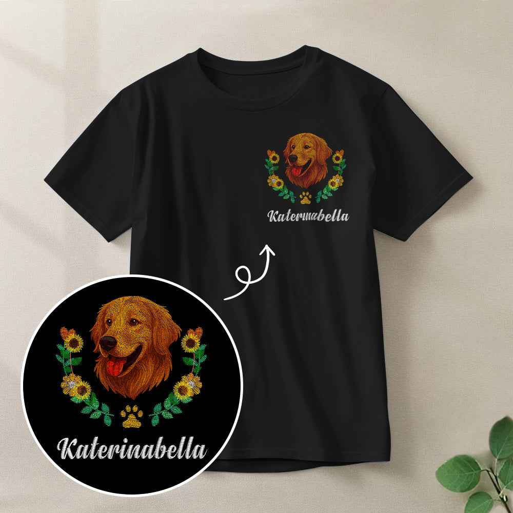 Custom Embroidered-Style Pet T-shirt – Personalized T-shirt with Pet Name & Wreath