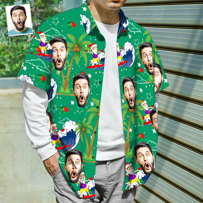 Folded Custom Face Hawaiian Shirt with Surfing Santa design ready for dispatch — handcrafted personalised Christmas present