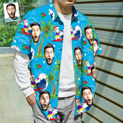 Close-up of Surfing Santa print and custom face on personalised Hawaiian shirt showing premium, fade-resistant print quality