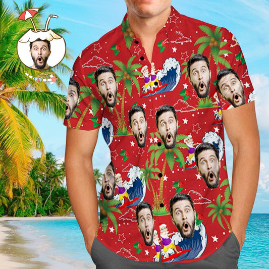 Custom Face Hawaiian Shirt front view with Surfing Santa print and personalised face — ideal personalised photo Christmas gift for him
