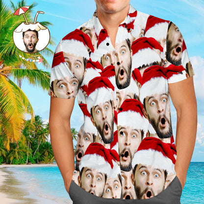 Model wearing personalised Santa Face Aloha shirt showing full front and collar detail — ideal personalised Christmas gift for dad, husband or boyfriend