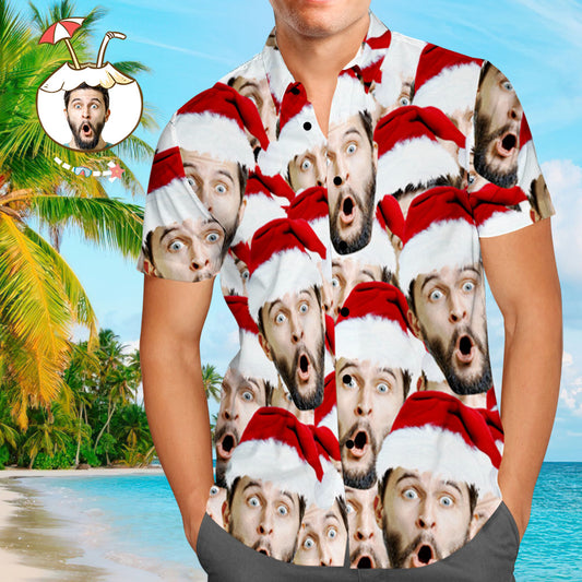 Model wearing personalised Santa Face Aloha shirt showing full front and collar detail — ideal personalised Christmas gift for dad, husband or boyfriend