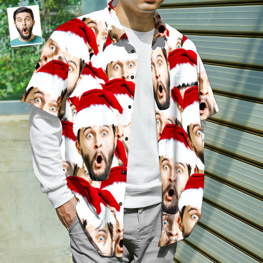Model wearing personalised Santa Face Aloha shirt showing full front and collar detail — ideal personalised Christmas gift for dad, husband or boyfriend