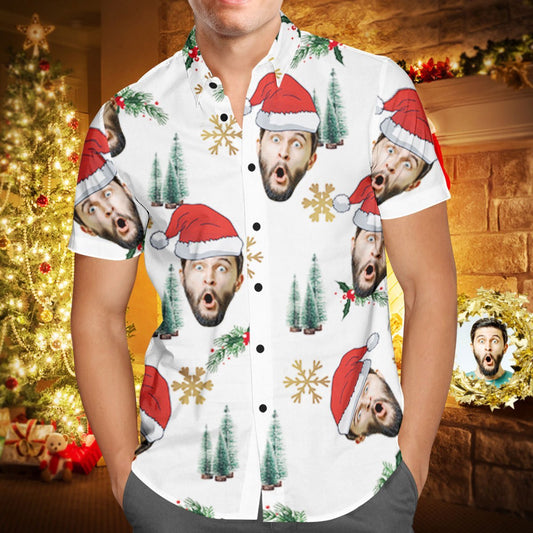 Custom Face personalised Christmas Hawaiian shirt front view showing personalised face print with Santa hat on lightweight breathable aloha shirt