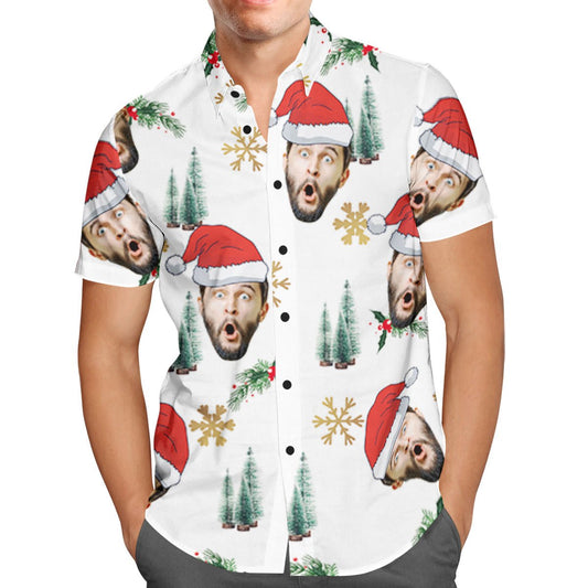 Custom Face personalised Christmas Hawaiian shirt front view showing personalised face print with Santa hat on lightweight breathable aloha shirt