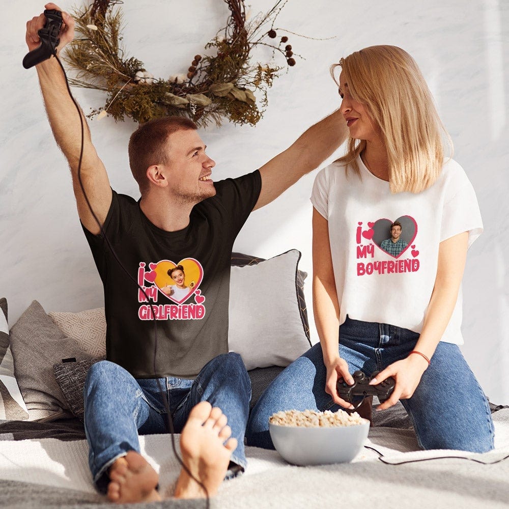 Close‑up of the 'If Lost' personalised print on a name‑printed Valentine’s matching couples shirt — detail of customised text