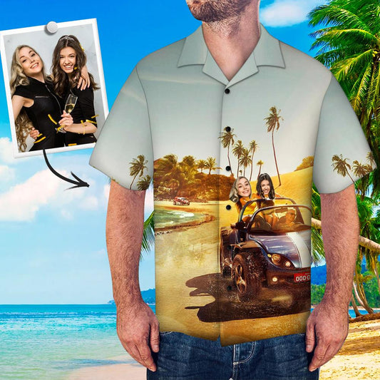 Personalised Face Hawaiian Shirt front view – men's all-over print beach shirt with custom face design, vibrant colours, classic lapel