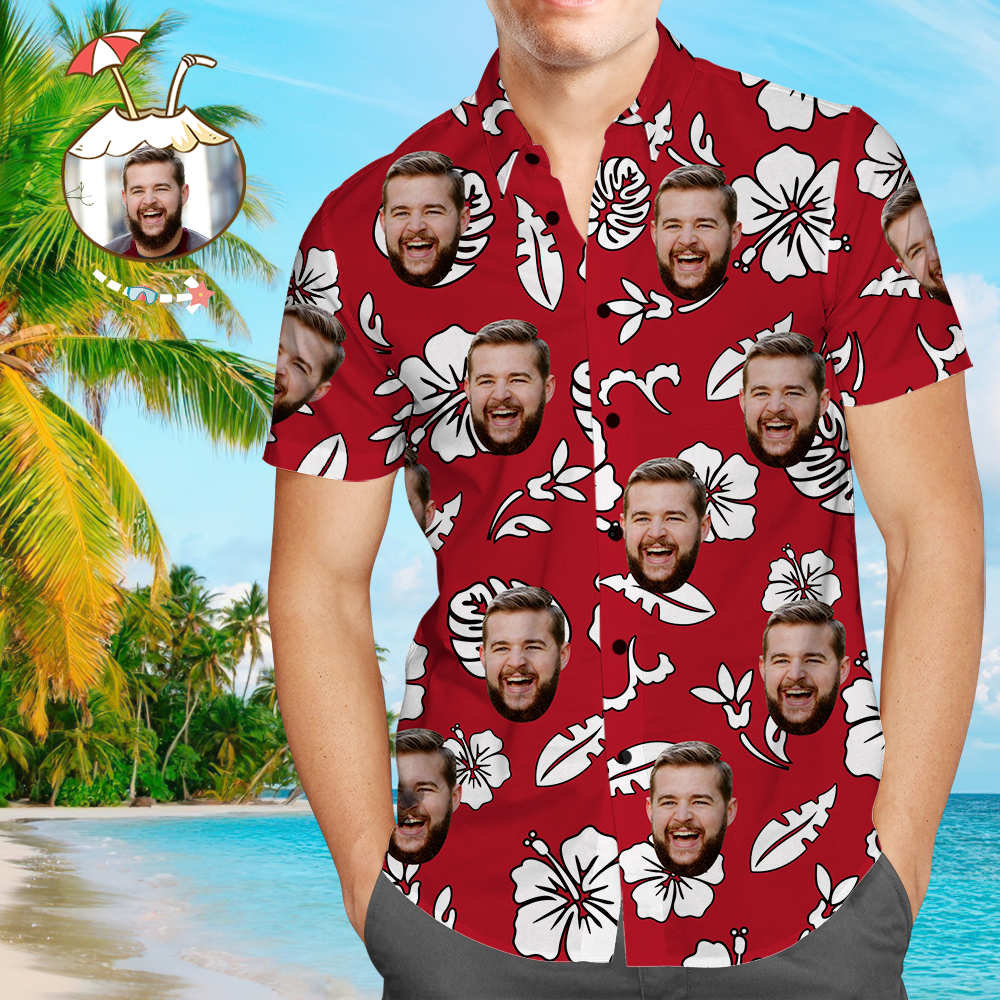 Custom Hawaiian Shirt red flowers with personalised face print – men's all-over print Aloha beach shirt, lightweight regular fit