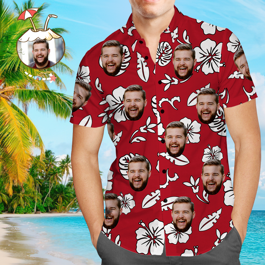 Custom Hawaiian Shirt red flowers with personalised face print – men's all-over print Aloha beach shirt, lightweight regular fit