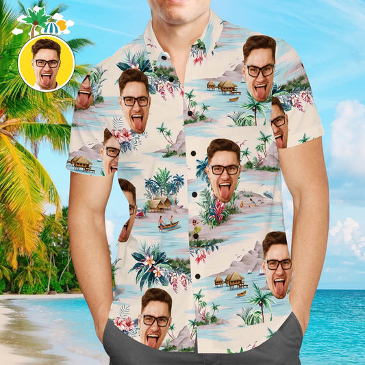 Custom Hawaiian shirt featuring personalised face with mountains and rivers Aloha print — men's all‑over print, lightweight polyester‑spandex blend, ideal personalised photo gift
