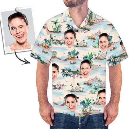 Assorted personalised Hawaiian shirts with face prints on display — lightweight, trendy holiday shirts for men
