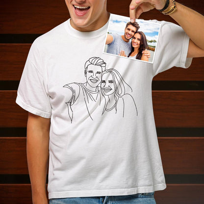 Close-up of personalised line‑art print on a white custom T-shirt showing smooth finish, cap sleeves and refined side‑seamed fit — ideal personalised couples gift