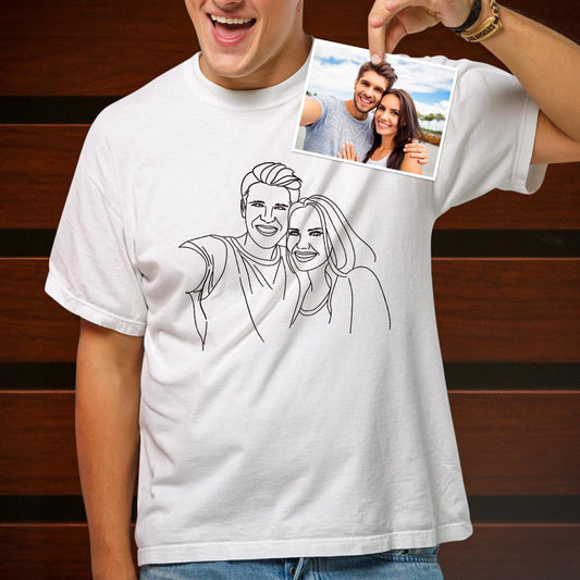 Close-up of personalised line‑art print on a white custom T-shirt showing smooth finish, cap sleeves and refined side‑seamed fit — ideal personalised couples gift