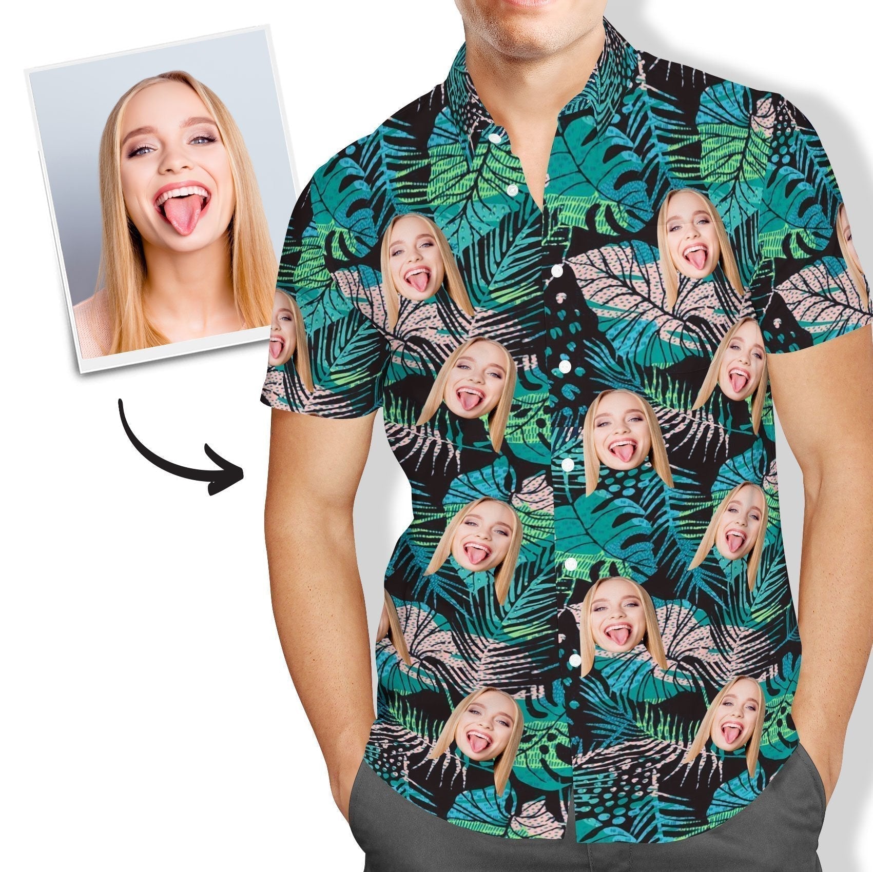 Men's shirt size chart S–XXXXXL with chest and length measurements to help select the correct size for your personalised Hawaiian shirt