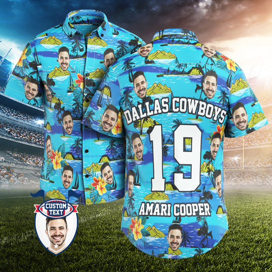Front view of Personalised Face Hawaiian Shirt, Mountains design customised Aloha shirt with your face photo and personalised name or number, vibrant fade‑resistant print