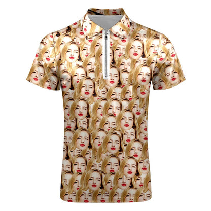 Back and side view of personalised funny-face polo highlighting double-sided print and tailored silhouette
