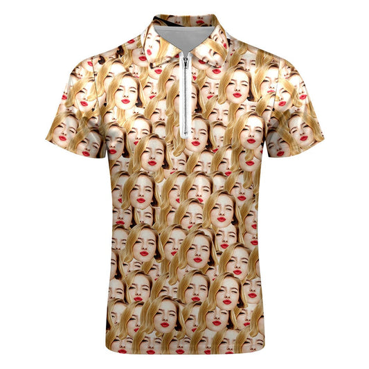 Back and side view of personalised funny-face polo highlighting double-sided print and tailored silhouette
