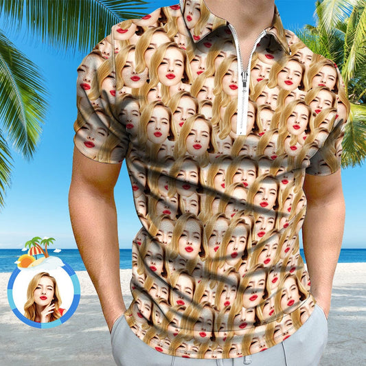 Back and side view of personalised funny-face polo highlighting double-sided print and tailored silhouette
