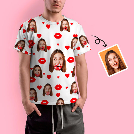 Personalised all-over print T-shirt with custom face, red heart and lips — 100% polyester pullover tee with AR view, ideal personalised Valentine’s Day or wedding gift