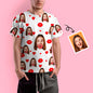 Personalised all-over print T-shirt with custom face, red heart and lips — 100% polyester pullover tee with AR view, ideal personalised Valentine’s Day or wedding gift