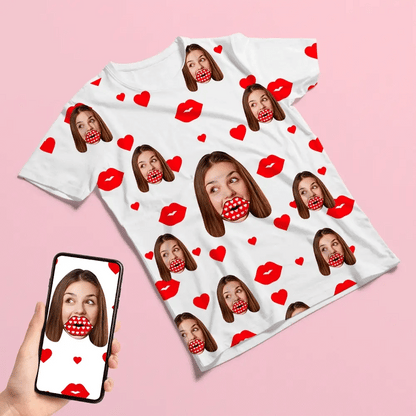 Personalized All Over Print T-shirt Custom Face Red Heart Lips T Shirts - PhotoOnGifts