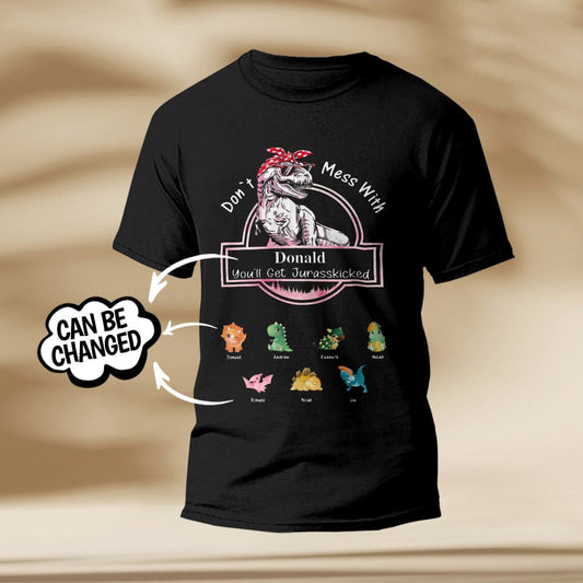 Personalised 'Don't Mess With Mamasaurus' engraved t-shirt front view — funny Mother's Day gift for mum with custom text option