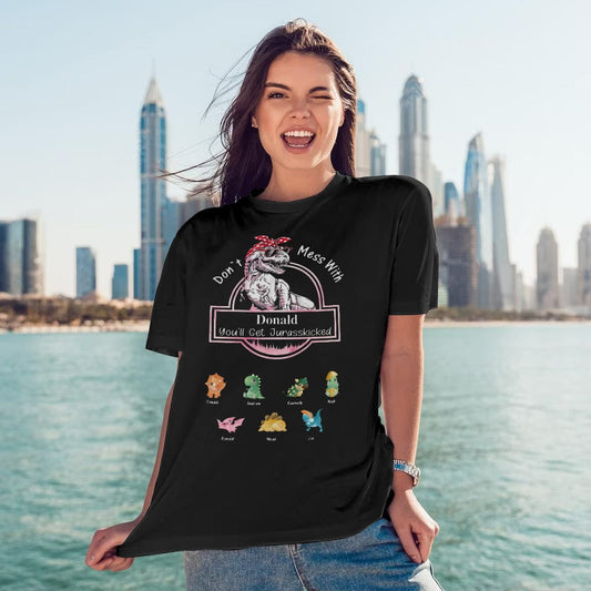 Personalised 'Don't Mess With Mamasaurus' engraved t-shirt front view — funny Mother's Day gift for mum with custom text option