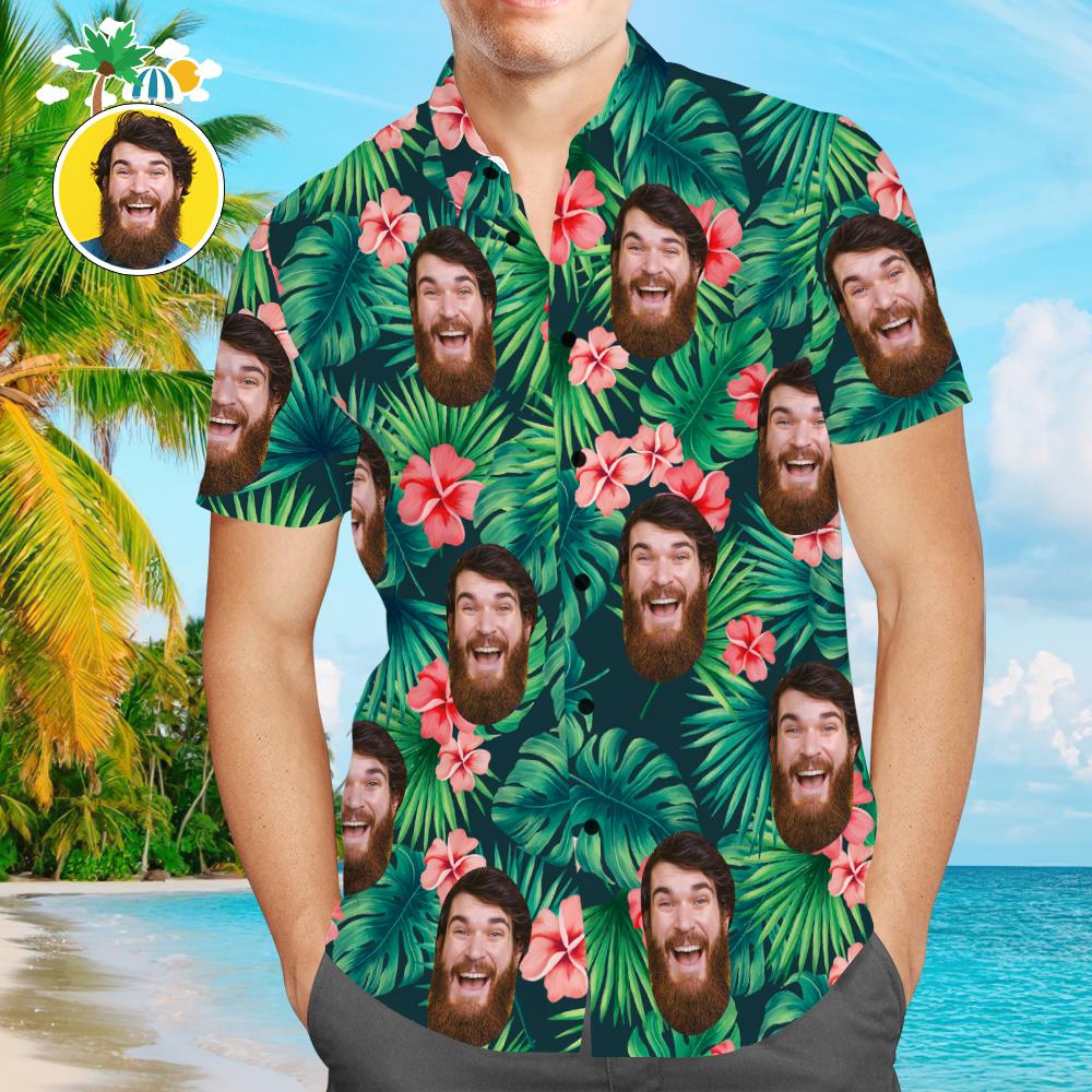 Men's personalised red flower Hawaiian shirt – front view of custom Aloha beach shirt with full‑print photo preview, perfect personalised gift