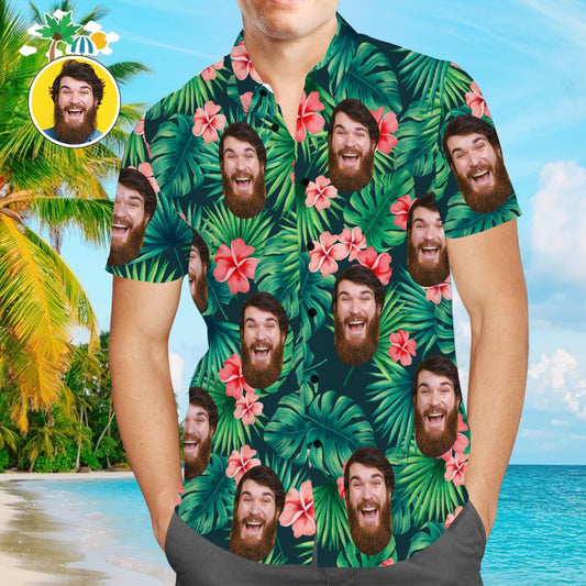 Men's personalised red flower Hawaiian shirt – front view of custom Aloha beach shirt with full‑print photo preview, perfect personalised gift