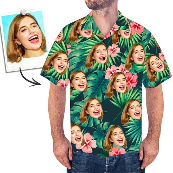 Front view of personalised face Hawaiian shirt for men with custom photo print on classic aloha design