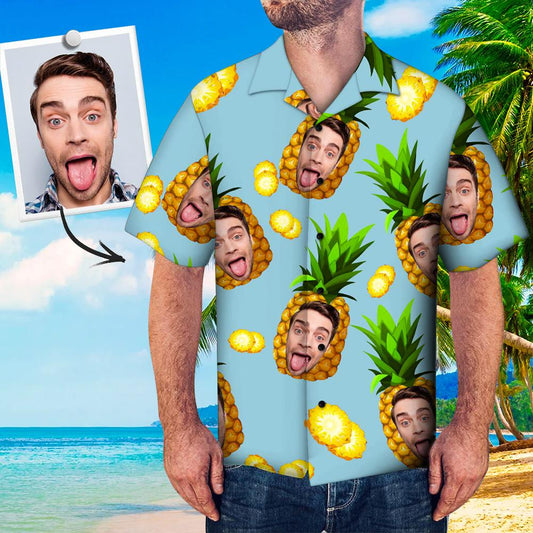 Personalised custom-face Hawaiian shirt with vibrant pineapple print — men's short-sleeve beach shirt with lapel collar and button-through front, ideal summer wear