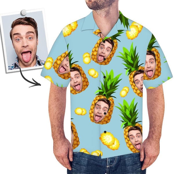 Close-up of custom face print on 4‑way stretch polyester Hawaiian shirt showing vivid colours and fabric texture