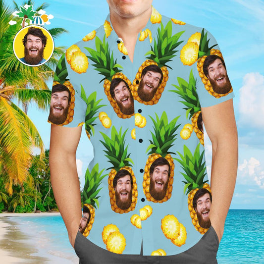 Personalised blue pineapple Hawaiian shirt for men — custom face all-over print Aloha beach shirt in lightweight polyester-spandex, ideal personalised gift