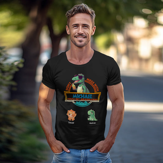 Custom Engraved T-Shirt ‘Don't Mess With Papasaurus’ — personalised Father’s Day gift, 100% cotton crew-neck with durable engraved-style print