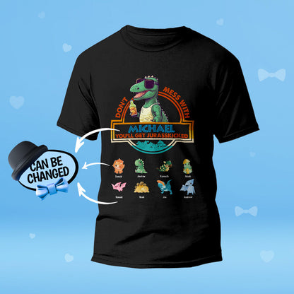 Lifestyle image of father figure wearing personalised Papasaurus tee — humorous engraved-style design perfect for Father's Day