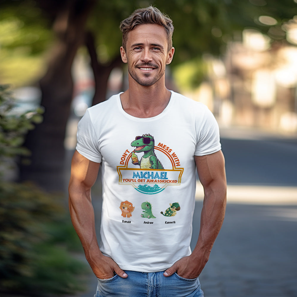Front view Custom Engraved T-Shirt ‘Don't Mess With Papasaurus’ — personalised Father's Day present, vibrant long-lasting print