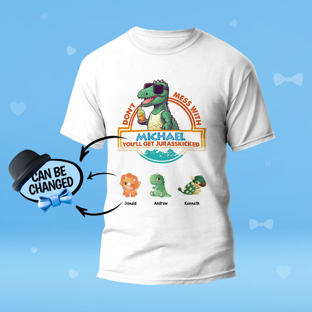 Personalised T-shirt close-up of ‘Don't Mess With Papasaurus’ engraved-style print on soft 100% cotton — ideal Gifts For Dad