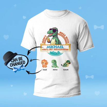 Personalised T-shirt close-up of ‘Don't Mess With Papasaurus’ engraved-style print on soft 100% cotton — ideal Gifts For Dad