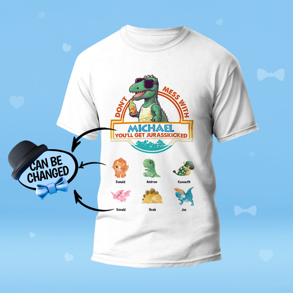 Male model wearing personalised ‘Don't Mess With Papasaurus’ t-shirt — casual dad tee, perfect for birthdays and Father’s Day