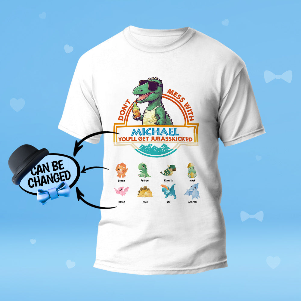 Back view of personalised Papasaurus tee on model — comfortable 100% cotton tee with engraved-style design suitable for everyday wear