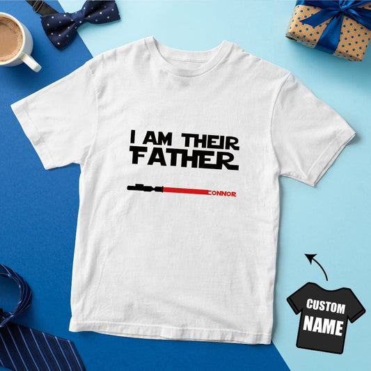 Personalised 'I Am Their Father' T-shirt front view with custom light saber design and space for up to 7 names — Father's Day gift