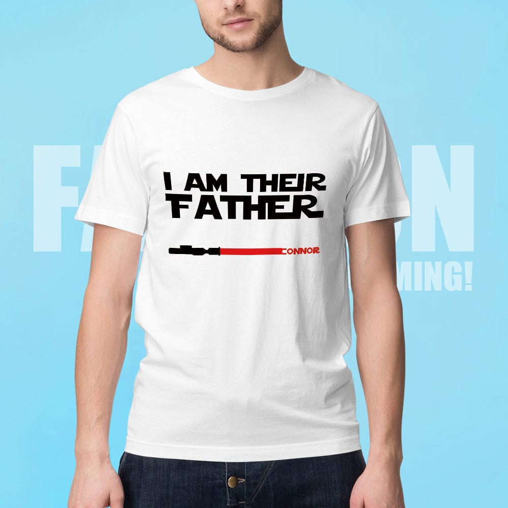 Personalised 'I Am Their Father' T-shirt front view with custom light saber design and space for up to 7 names — Father's Day gift