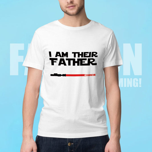 Personalised 'I Am Their Father' T-shirt front view with custom light saber design and space for up to 7 names — Father's Day gift