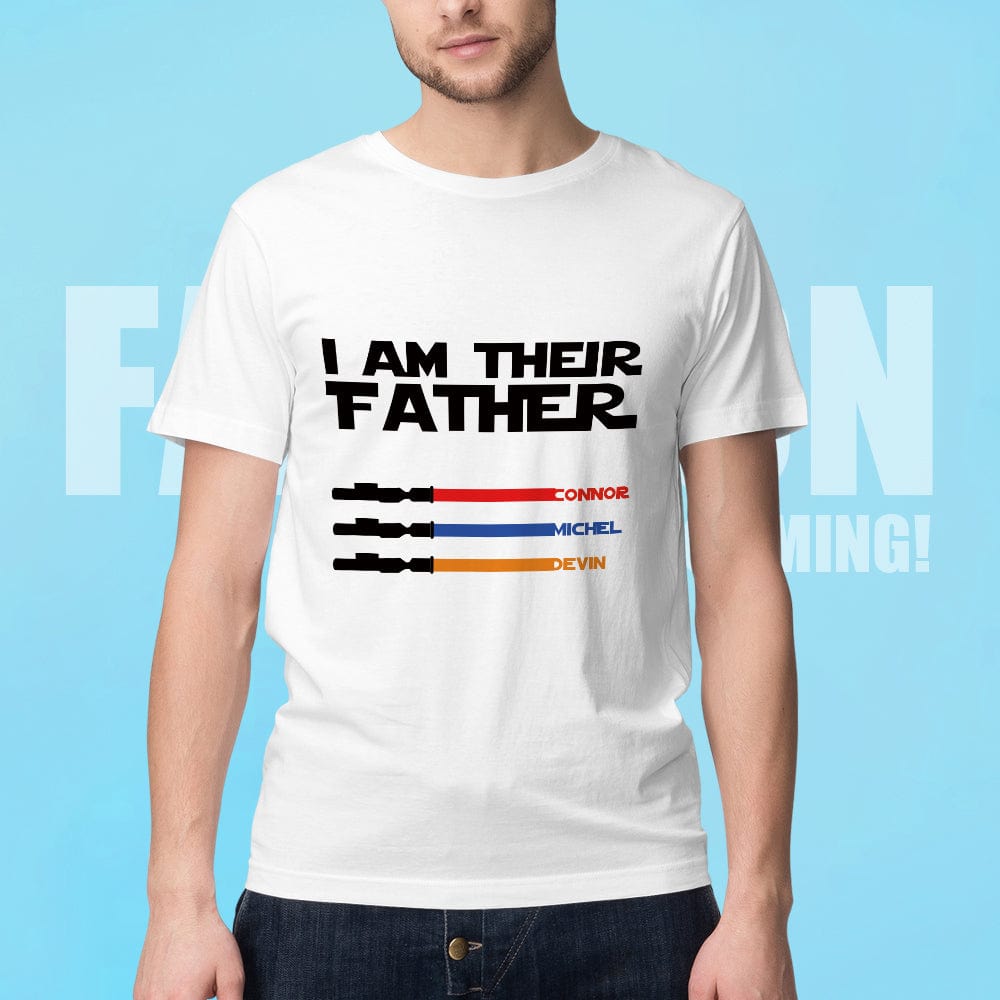Detailed shot of print quality and vibrant light saber colours on personalised dad T-shirt — 100% pre-shrunk cotton