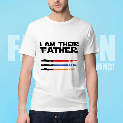 Detailed shot of print quality and vibrant light saber colours on personalised dad T-shirt — 100% pre-shrunk cotton