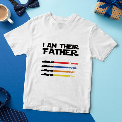 Folded personalised 'I Am Their Father' T-shirt showing front light saber motif — perfect custom Father's Day gift
