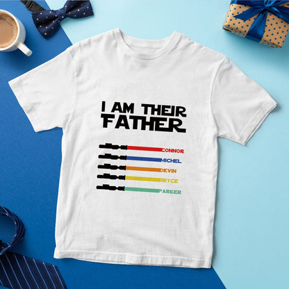 Lifestyle mock-up of dad wearing personalised I Am Their Father tee with custom names — unique Father's Day present