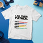 Lifestyle mock-up of dad wearing personalised I Am Their Father tee with custom names — unique Father's Day present