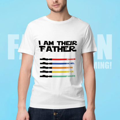 T-shirt on a hanger front view featuring personalised light saber names — custom dad t-shirt for him